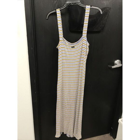 RVCA Women Multi Striped Midi Dress Straps M Slit Stretch Pullover Logo - Picture 8 of 8